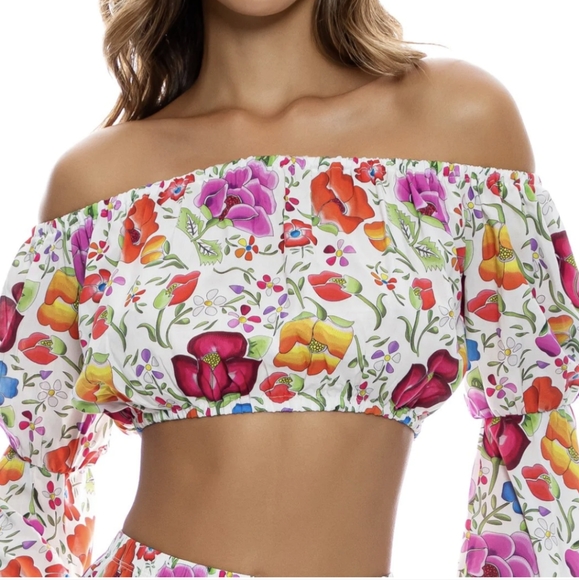 Luli Fama Floral Amor Y Playa Off The Shoulder Crop Top XS - Summer Tropical - Picture 1 of 7